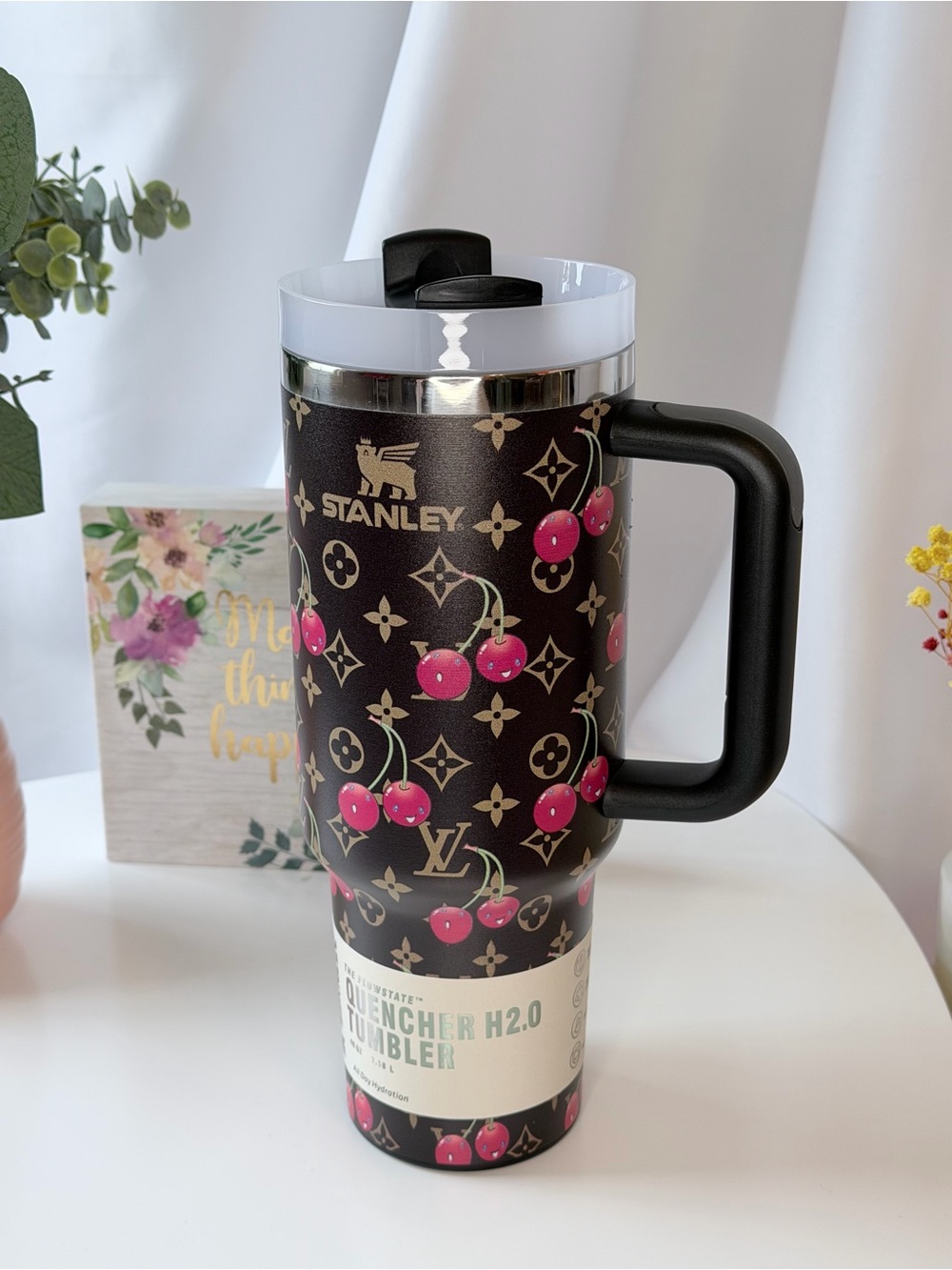 Stanley Black Tumbler with Pink Cherry Pattern